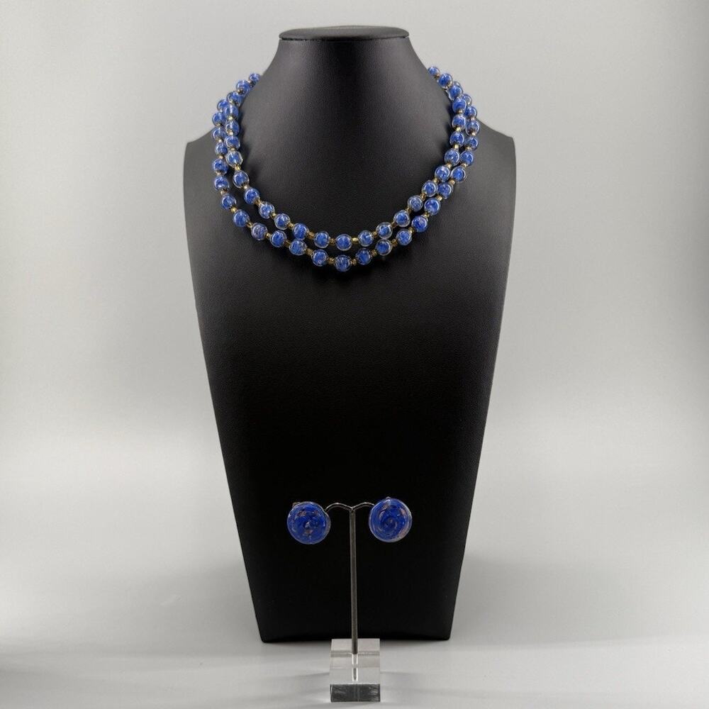 Vintage Italy Murano Venetian Gold Foil Blue Art Glass Necklace Earring Set